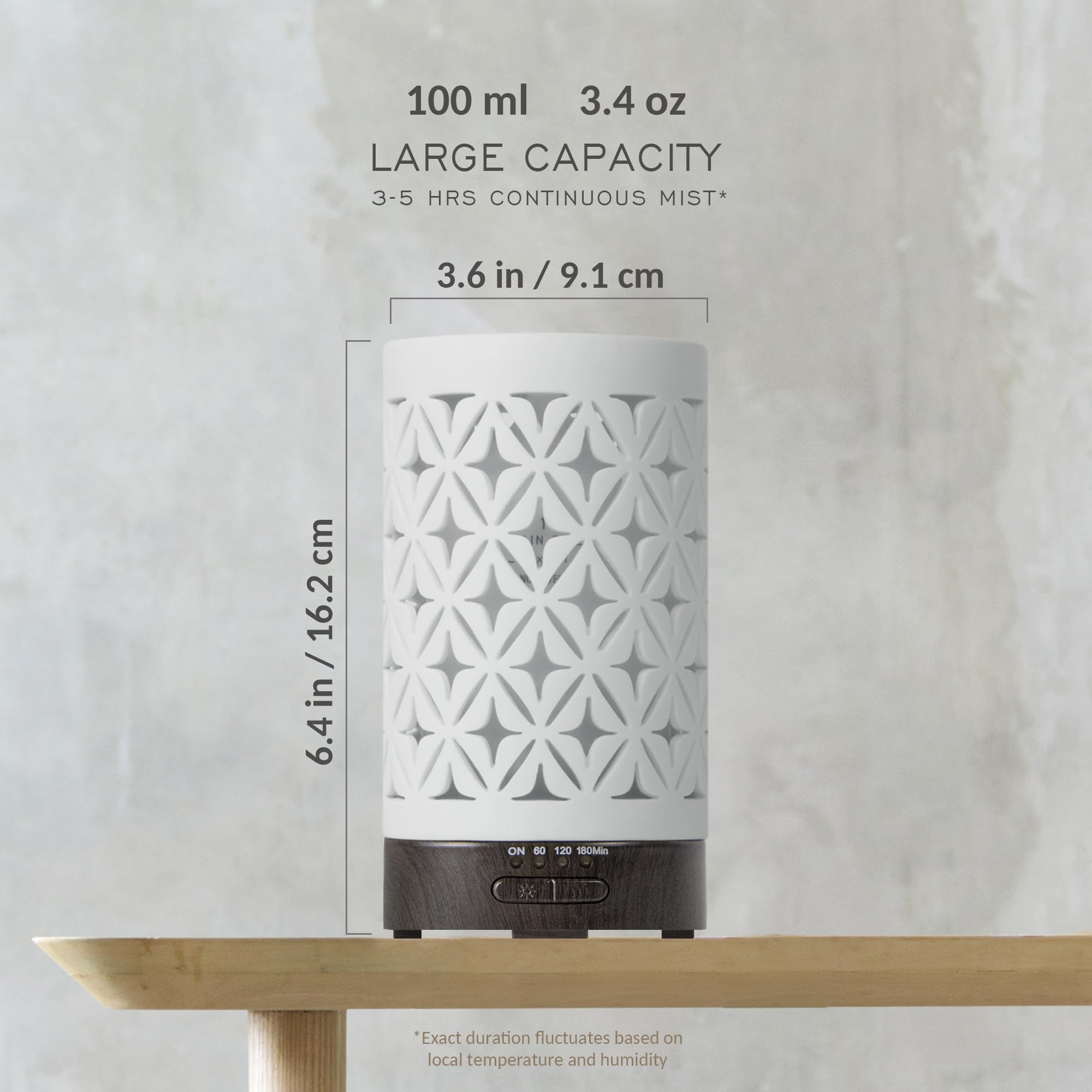 Earnest Living 100ml White Ceramic Essential Oil Diffuser – 4 Timers, Auto Off, Night Lights