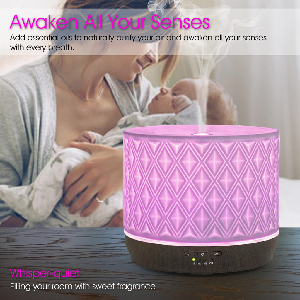 Earnest Living 500ml White Ceramic Diffuser – Aromatherapy, 4 Timers & Night Lights