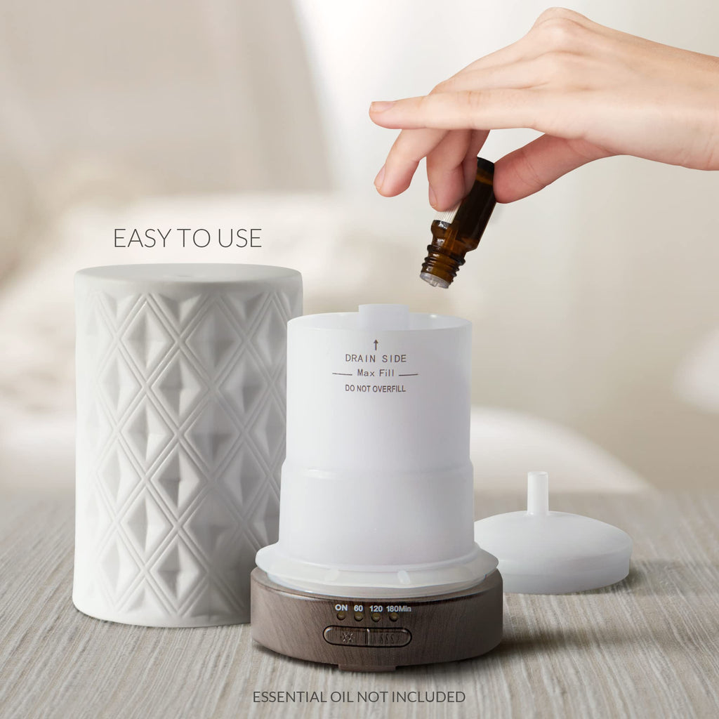 Earnest Living Ceramic Essential Oil Diffuser 100ml – 4 Timers, Auto Off, Night Lights