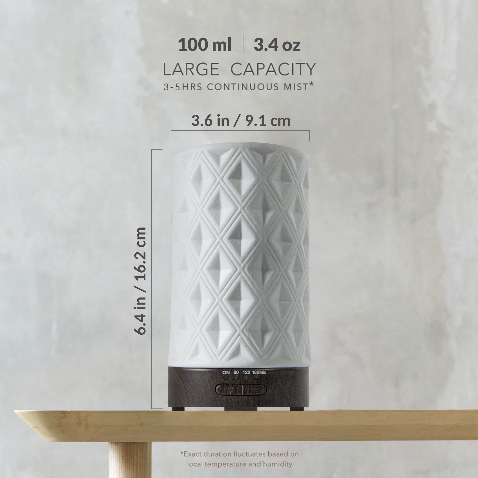 Earnest Living Ceramic Essential Oil Diffuser 100ml – 4 Timers, Auto Off, Night Lights