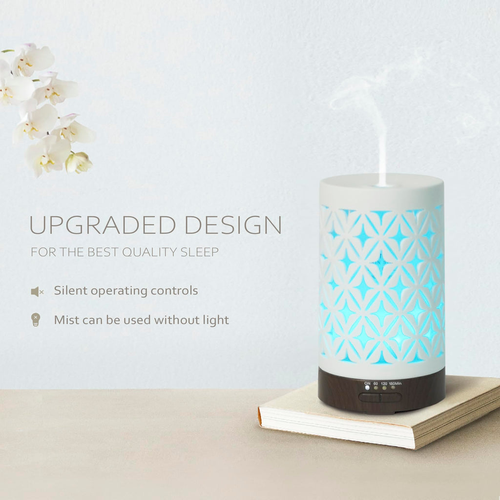 Earnest Living 100ml White Ceramic Essential Oil Diffuser – 4 Timers, Auto Off, Night Lights