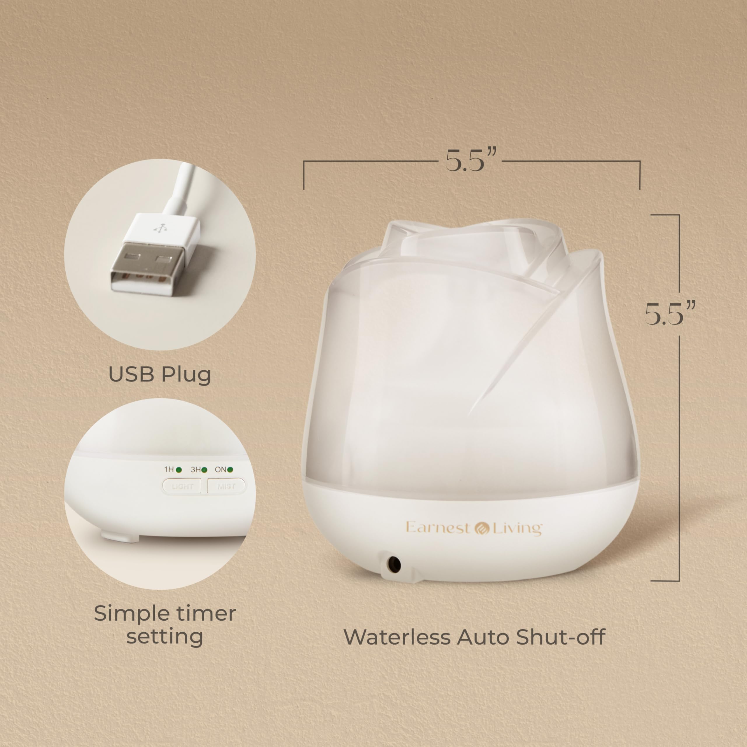 Earnest Living Rose Essential Oil Diffuser 150ml – USB Ultrasonic Humidifier, Frosted White