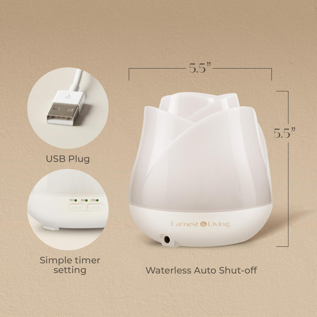 Earnest Living Rose Diffuser 150ml – Mini USB Ultrasonic Humidifier, Quiet Night Light