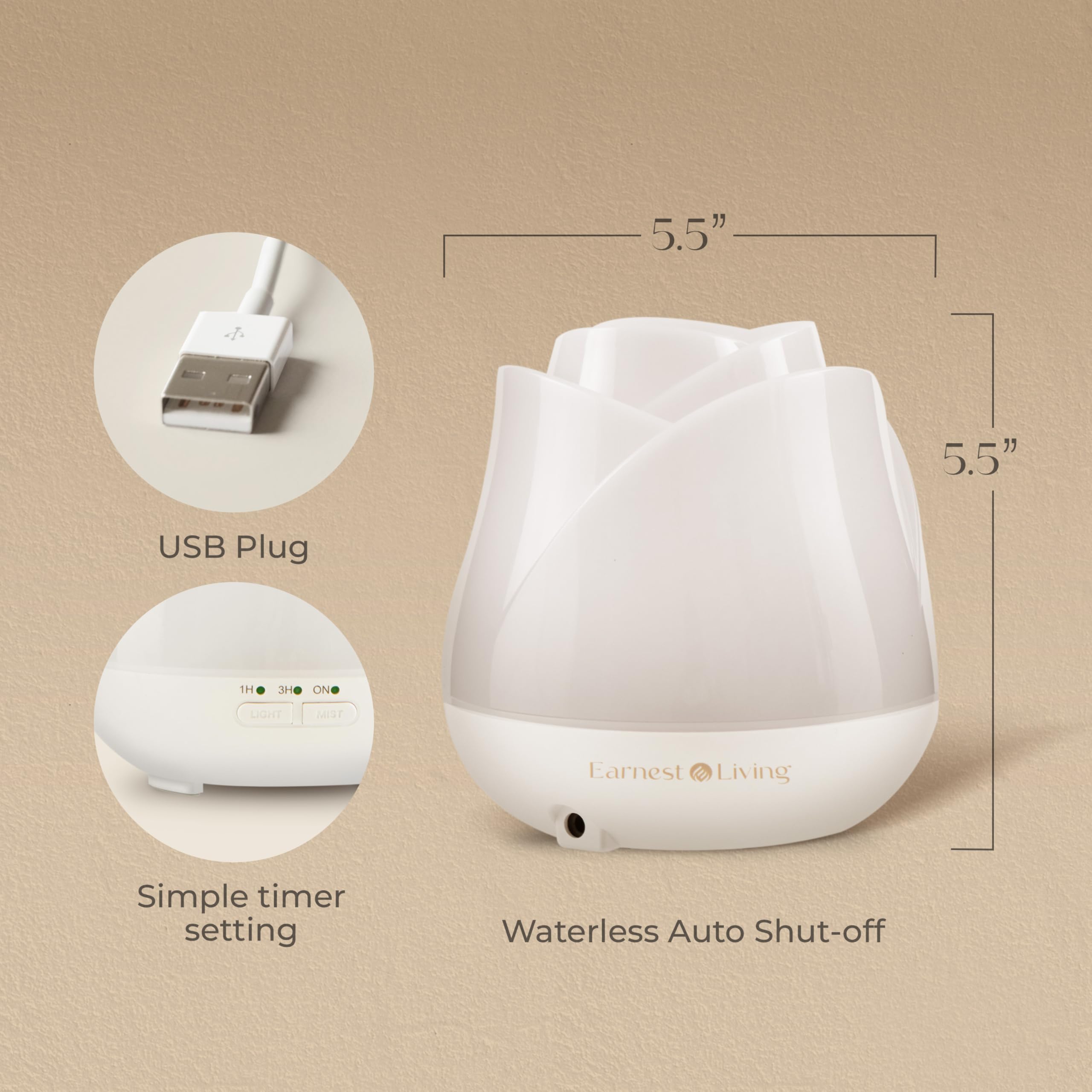 Earnest Living Rose Diffuser 150ml – Mini USB Ultrasonic Humidifier, Quiet Night Light