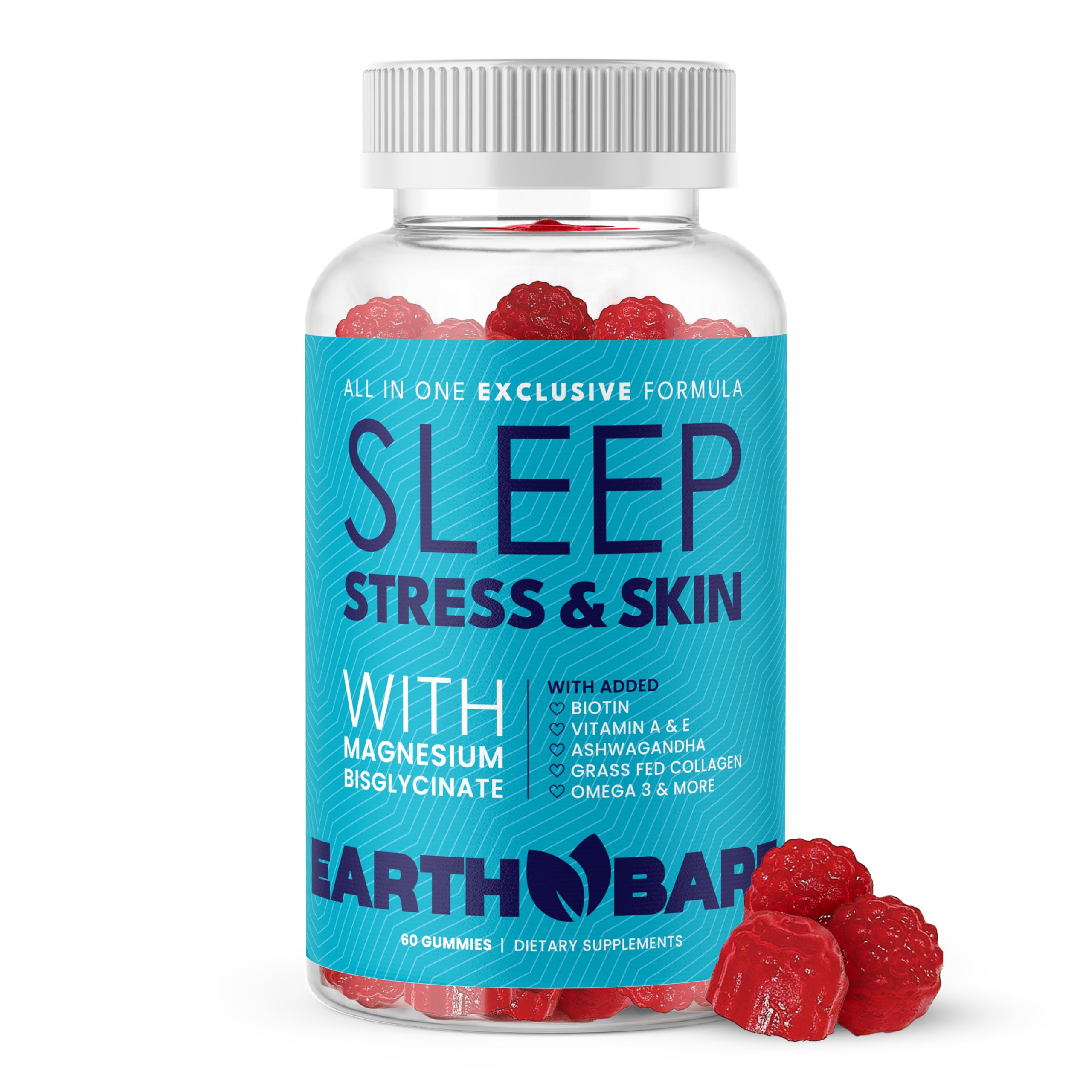 Earth Bare All-in-One Sleep Gummies for Stress & Skin | Magnesium Glycinate, Grass-Fed Collagen, Vitamins A C E & Zinc | 60 Gummies