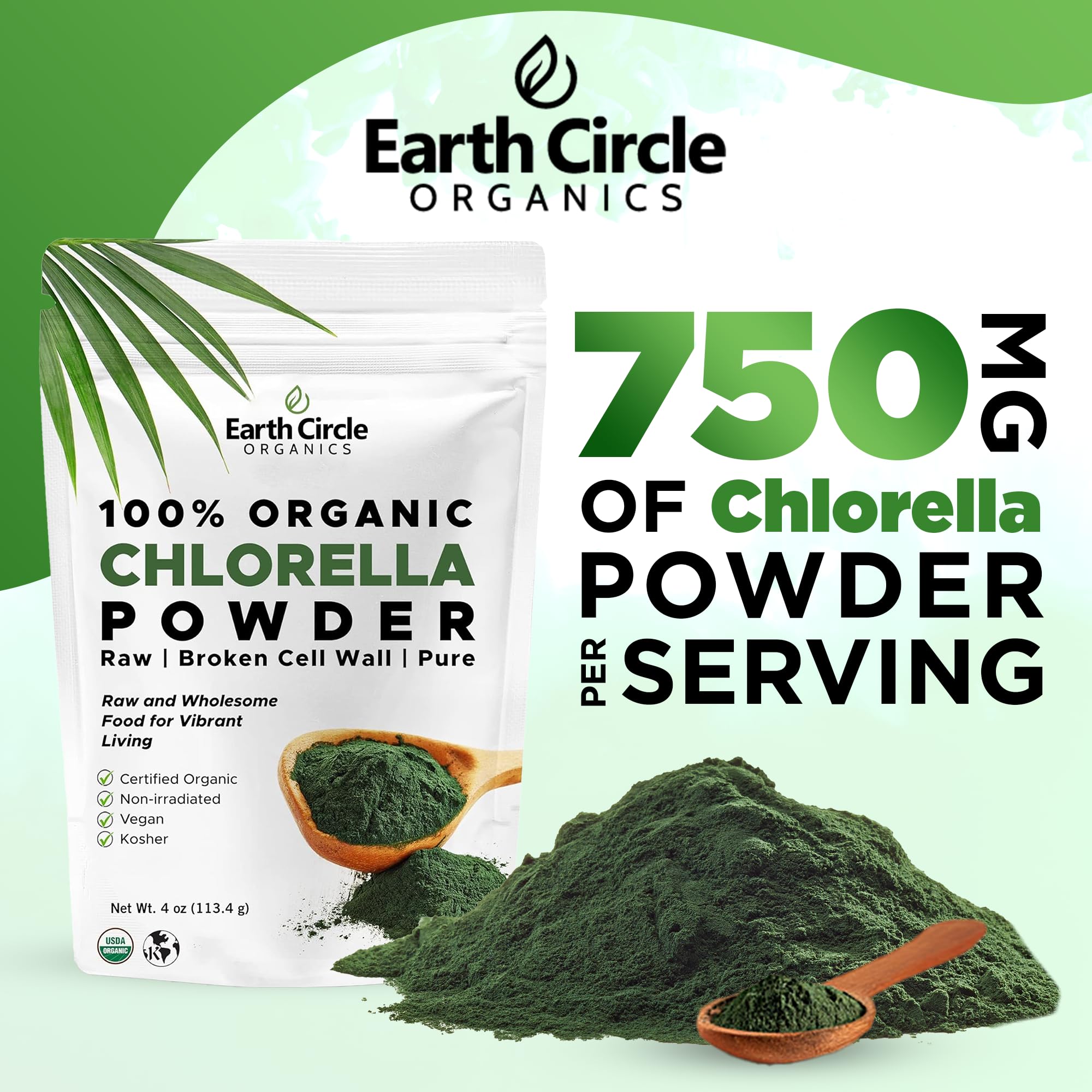 Earth Circle Organics Chlorella Powder – Kosher, Vegan, Broken Cell Wall, 4oz