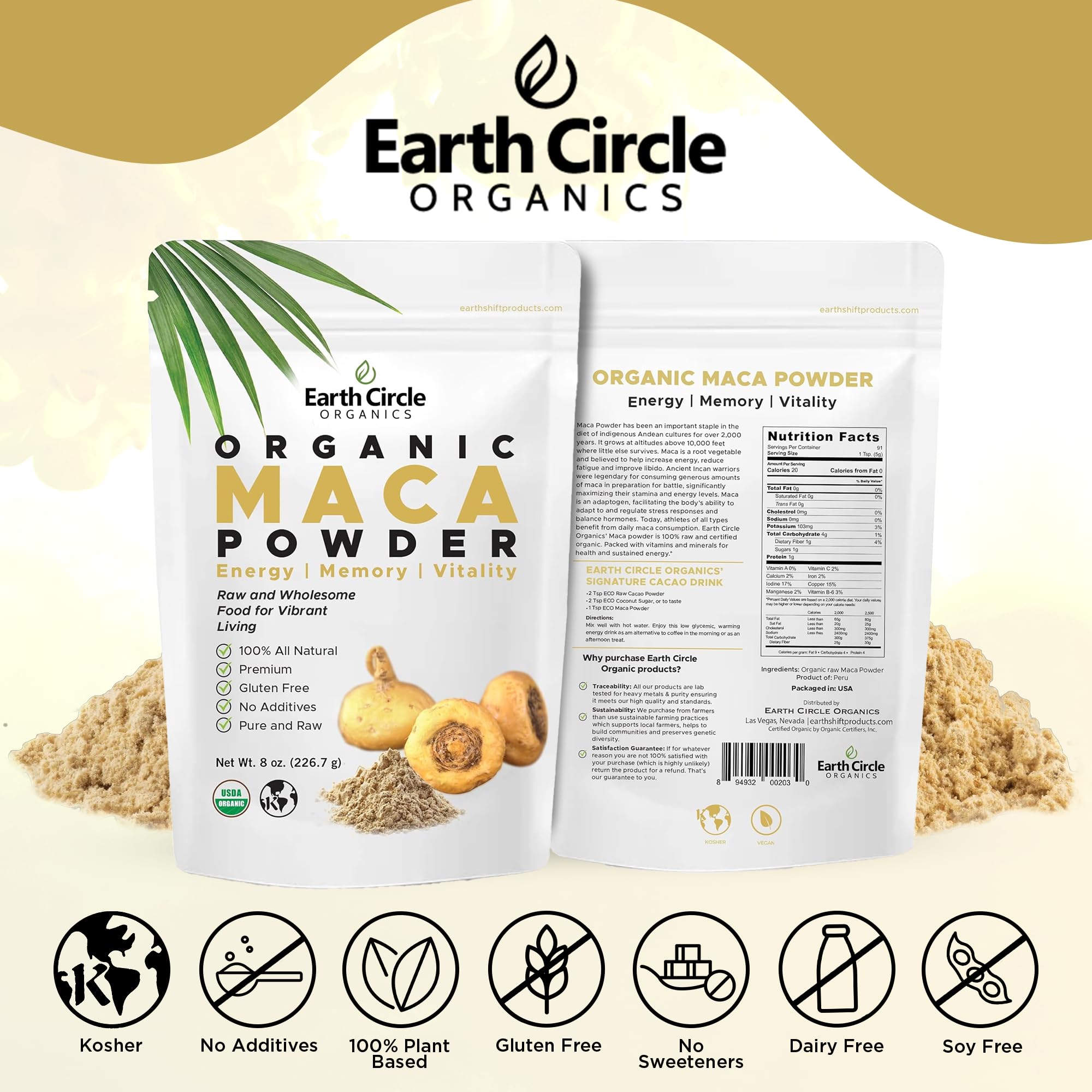 Earth Circle Organics Yellow Maca Root Powder – Natural Superfood, Vegan, 8 oz (2-pack)