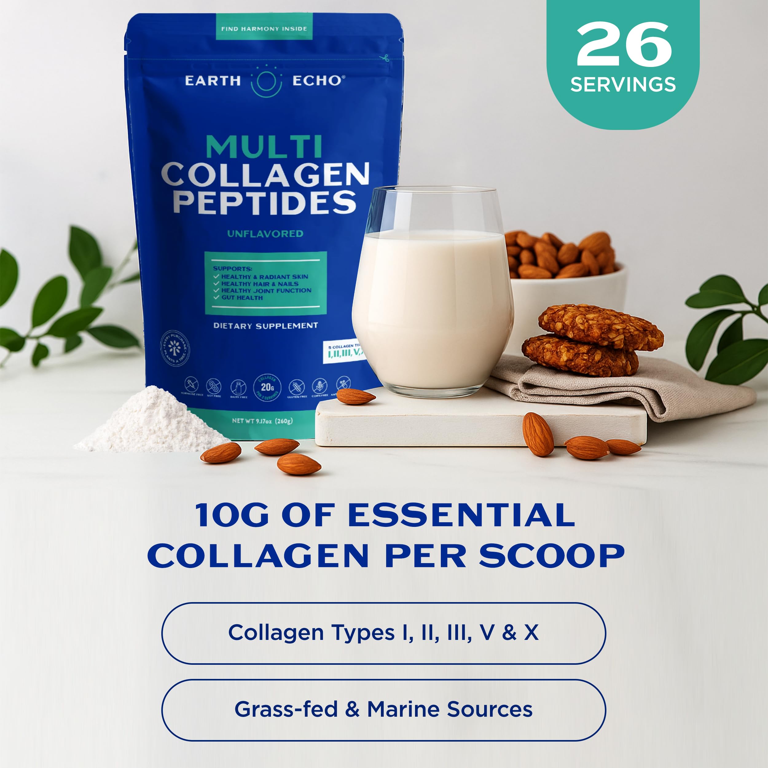 Earth Echo Multi-Collagen Peptides Powder – Unflavored, Keto-Friendly (26 Servings)