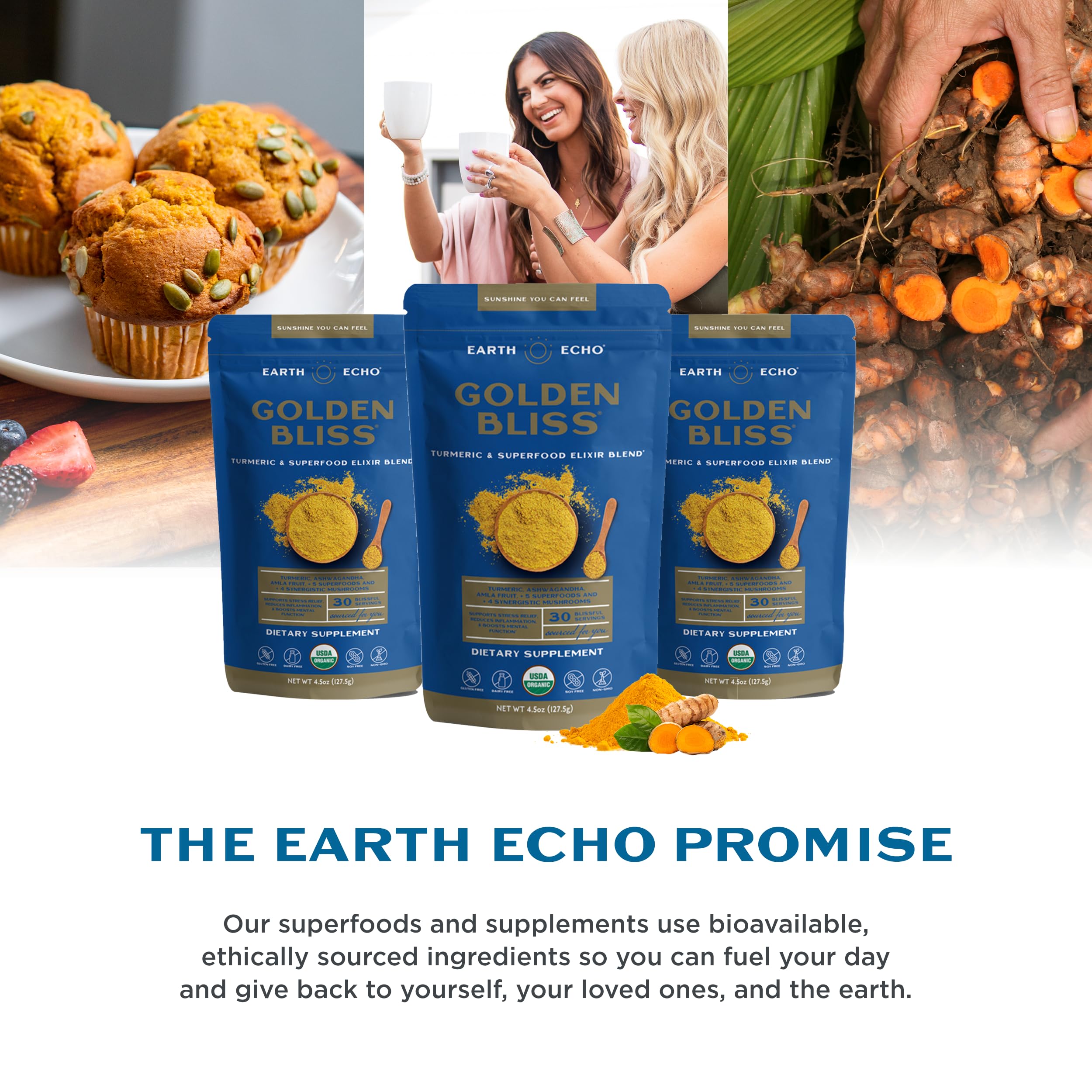 Earth Echo Golden Bliss - Golden Milk Powder with Turmeric and Ginger for Relaxation and Sleep | Organic, Vegan