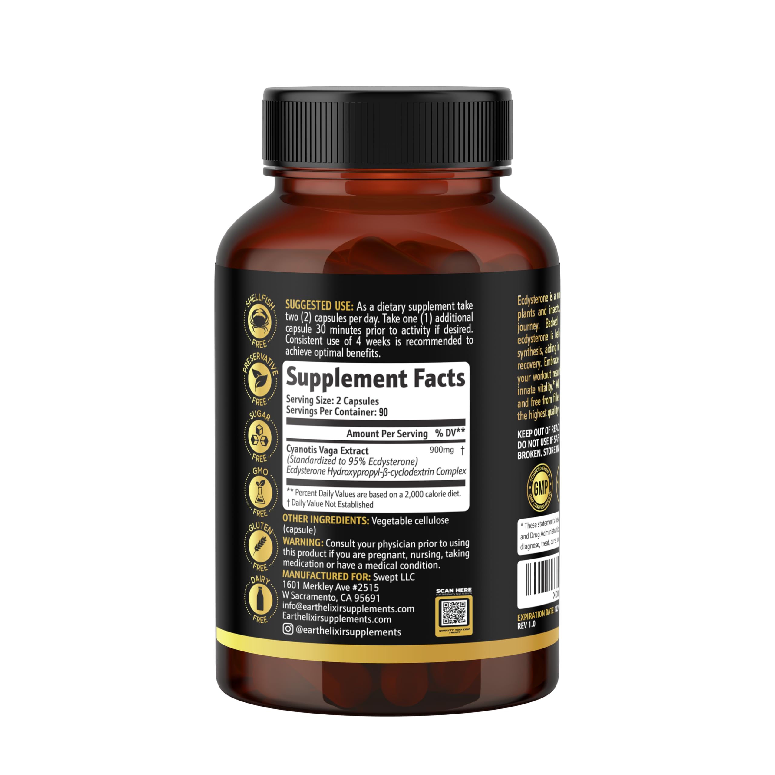 Earth Elixir Ecdysterone 900mg (180 Caps) – Made in USA | 95% Beta Ecdysterone