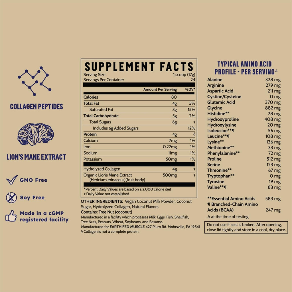 Earth Fed Muscle Morning Charge Protein Coffee Creamer with Collagen & Lion's Mane – Organic, Dairy-Free, Soy-Free, Gluten-Free – 24 Servings