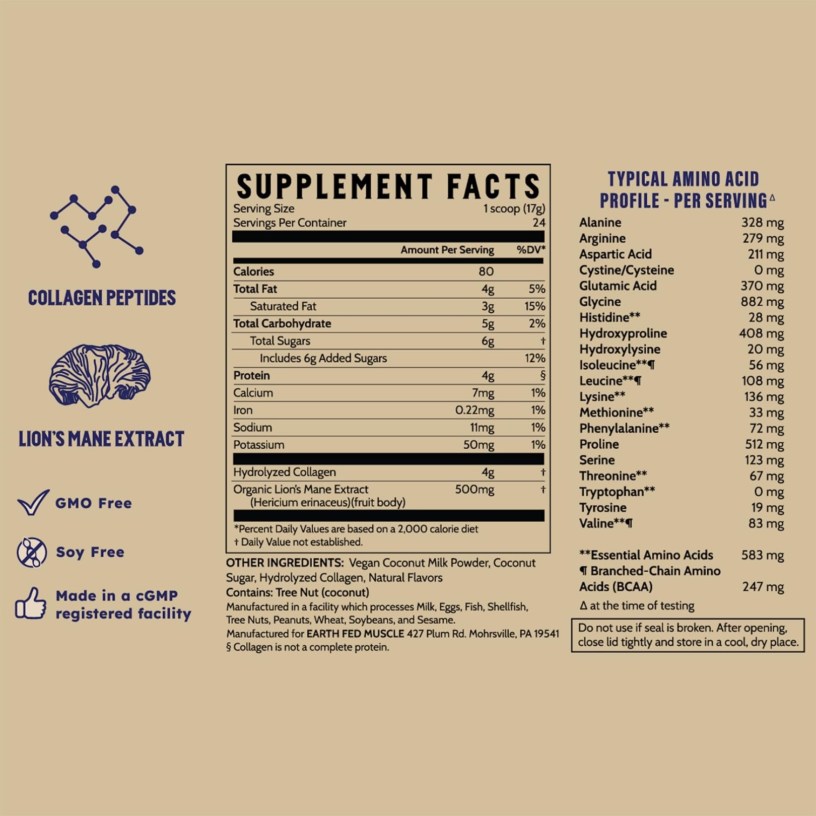 Earth Fed Muscle Morning Charge Protein Coffee Creamer with Collagen & Lion's Mane – Organic, Dairy-Free, Soy-Free, Gluten-Free – 24 Servings