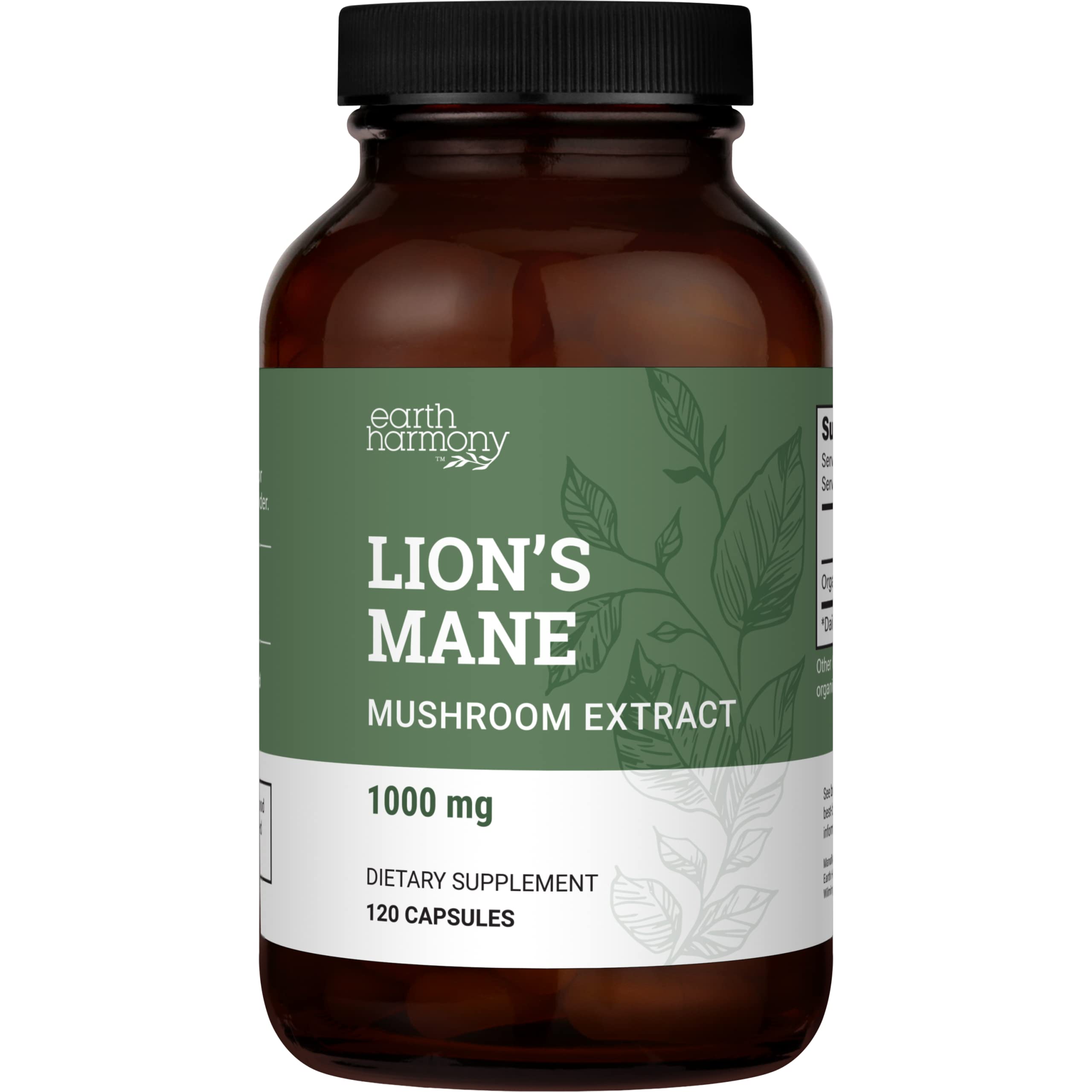 Earth Harmony Naturals Organic Lions Mane Supplement (1000mg) - 120 Capsules, 2-Month Supply