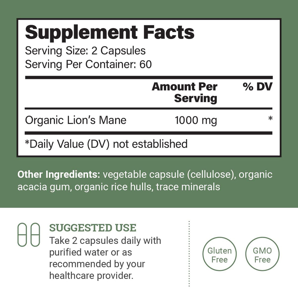Earth Harmony Naturals Organic Lions Mane Supplement (1000mg) - 120 Capsules, 2-Month Supply