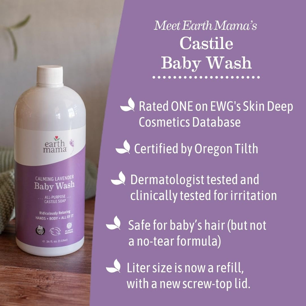 Earth Mama Calming Lavender Baby Wash – Organic Castile Soap, 34 oz