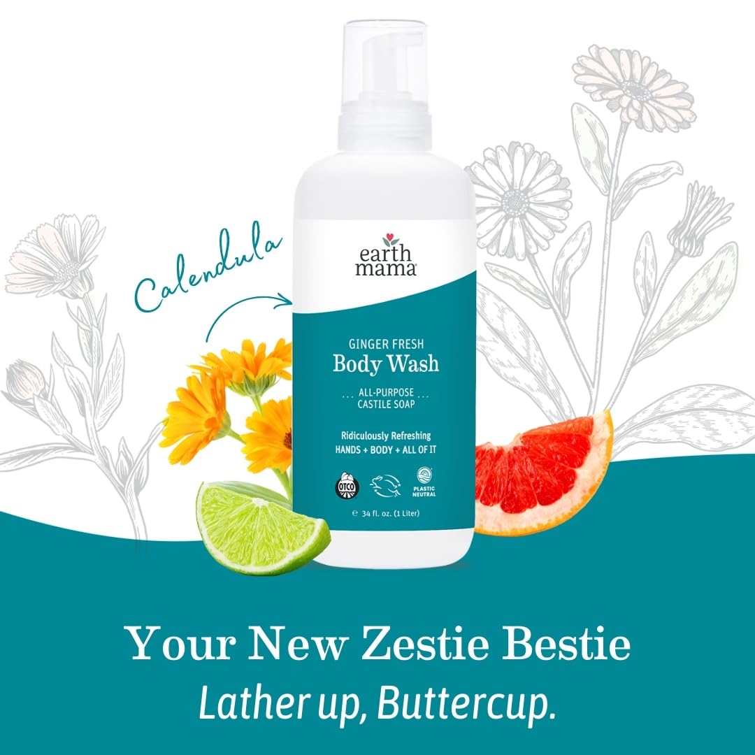 Earth Mama Ginger Fresh Hand & Body Wash | Castile Soap with Coconut Oil, Shea Butter, Calendula & Aloe (34 oz)