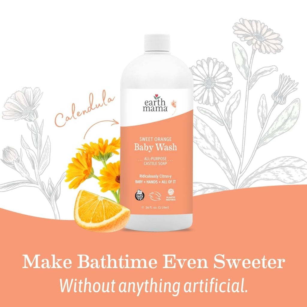 Earth Mama Sweet Orange Baby Wash – Organic Castile Soap for Sensitive Skin – 34 fl oz