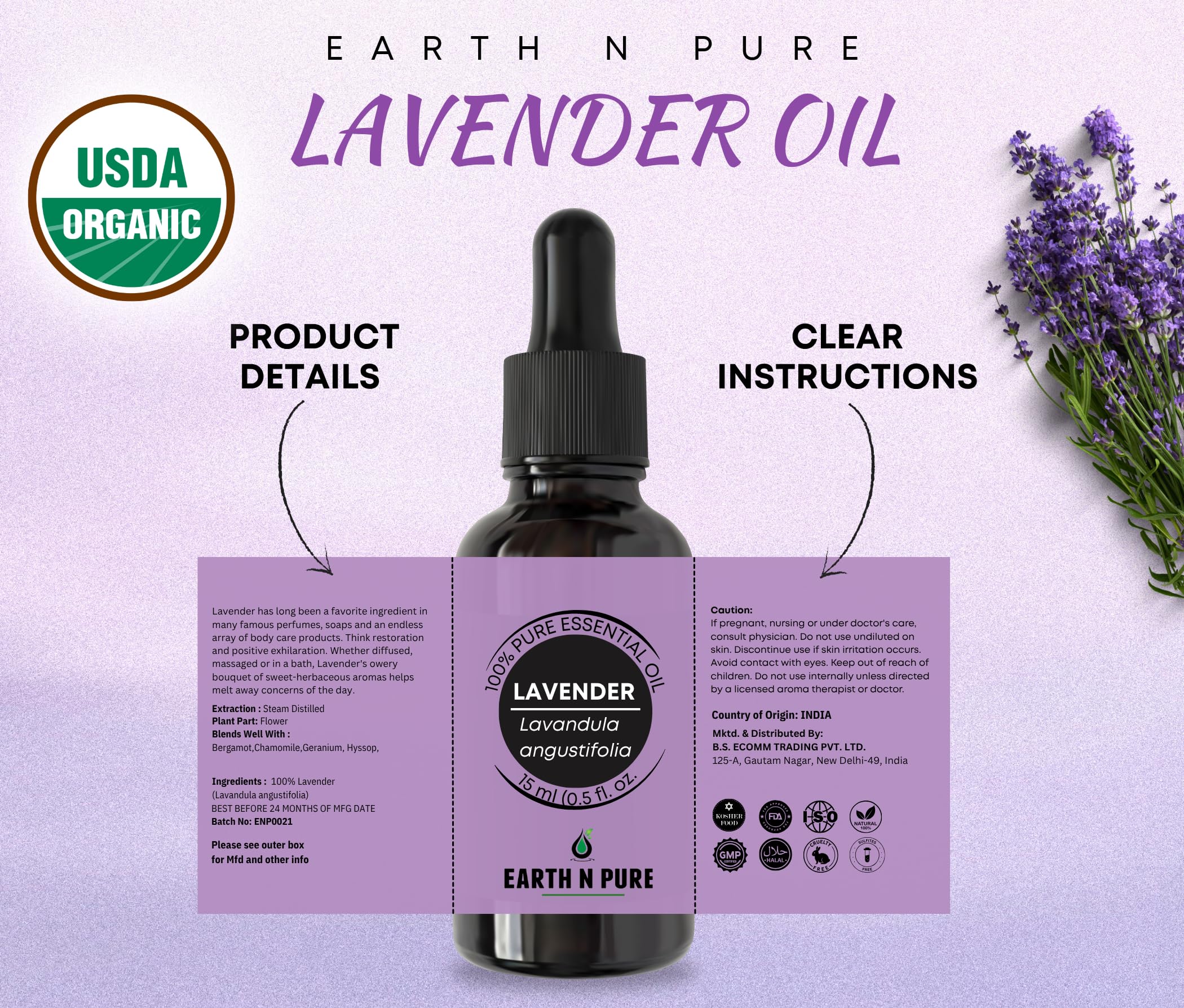 Earth N Pure Lavender Essential Oil – 100ml, 100% Natural & Therapeutic Grade