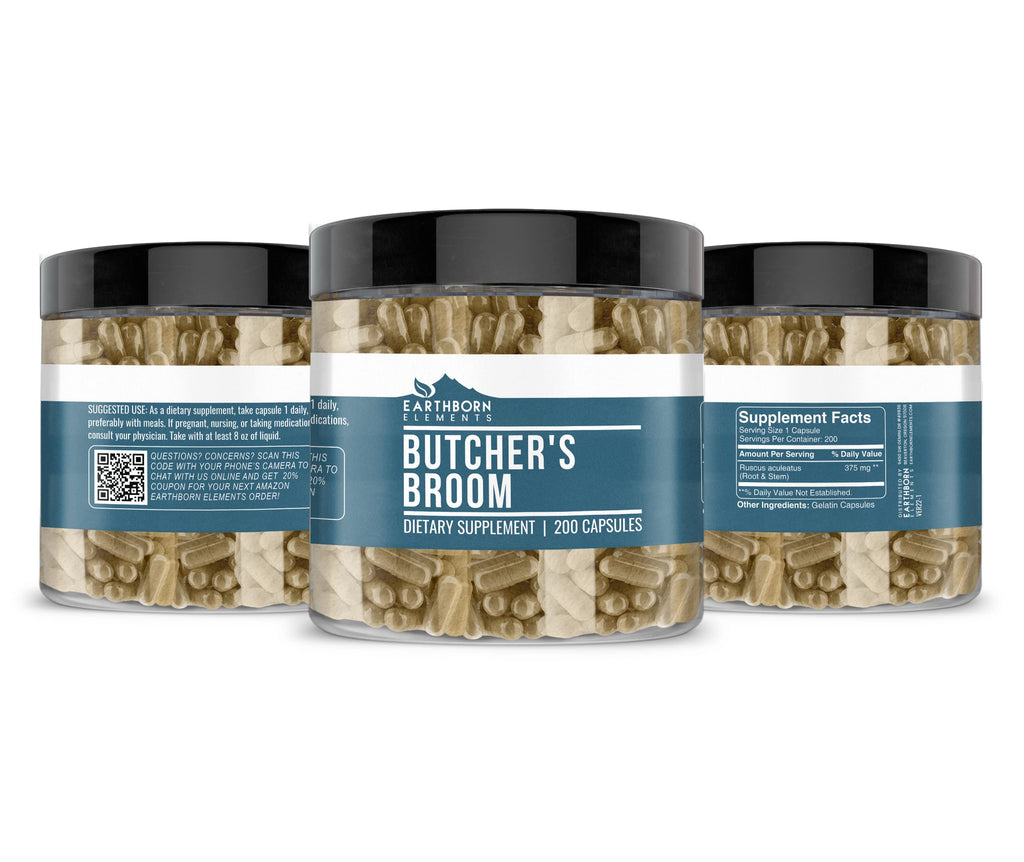 Earthborn Elements Butcher's Broom 200 Capsules – Pure & Undiluted, No Additives