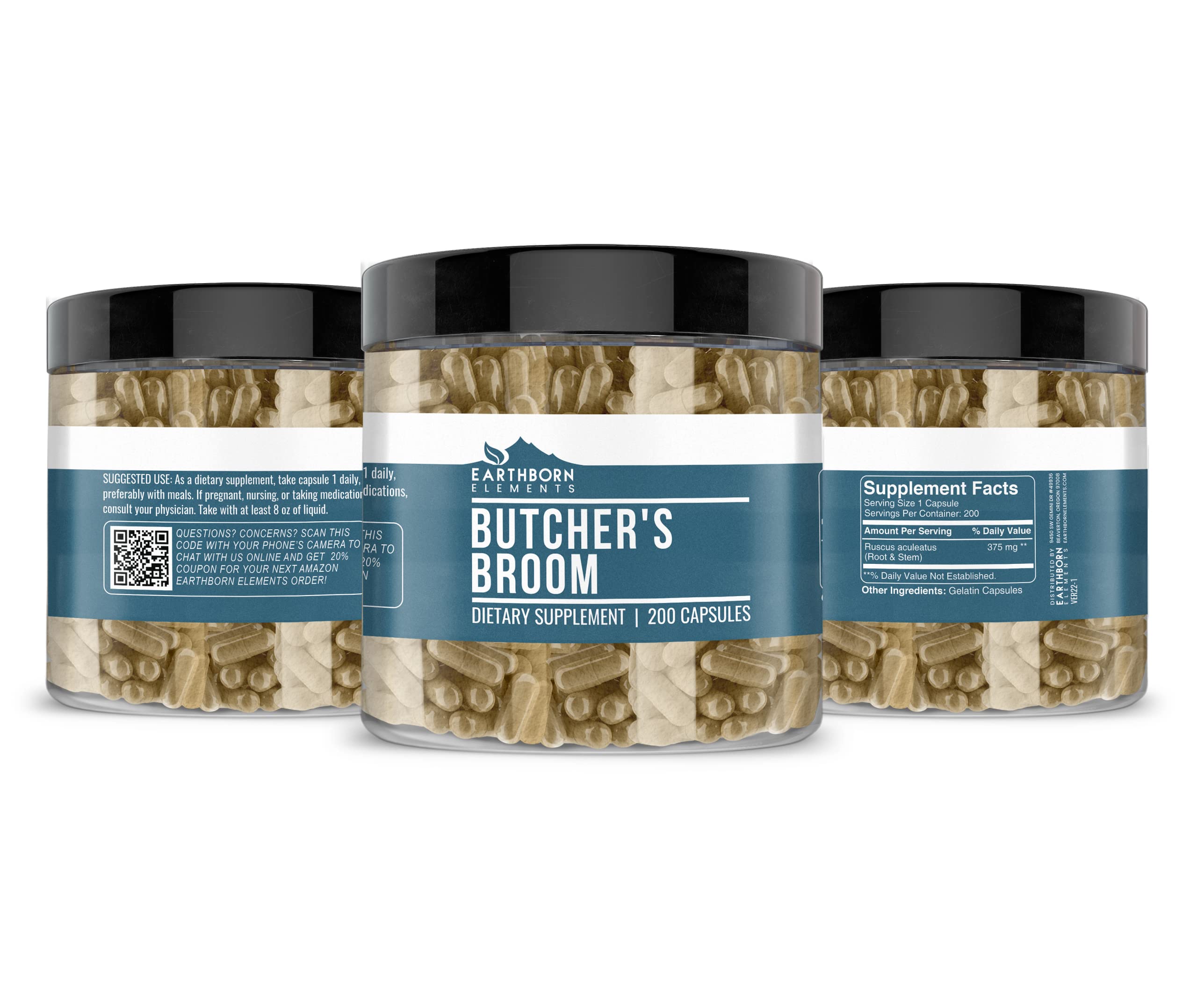 Earthborn Elements Butcher's Broom 200 Capsules – Pure & Undiluted, No Additives