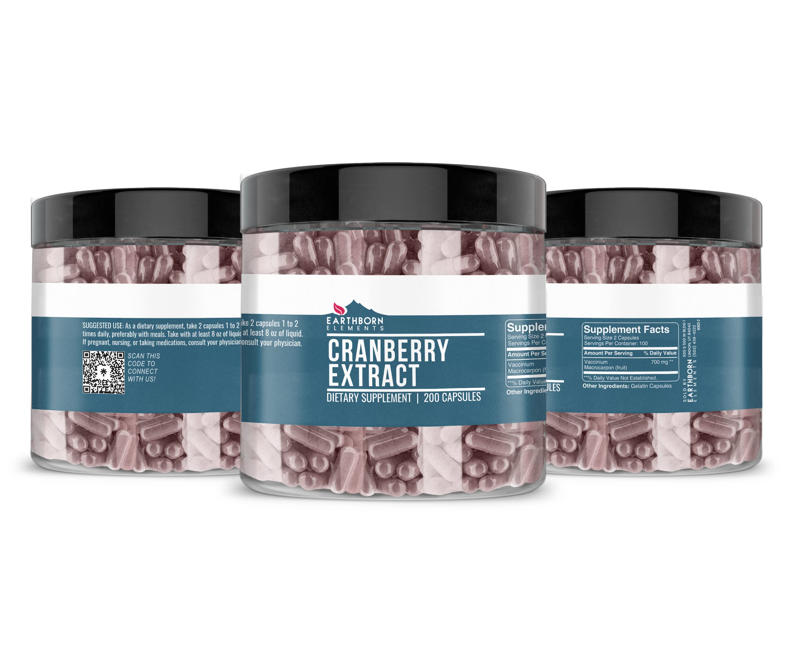 Earthborn Elements Cranberry Extract 200 Capsules – Pure & Undiluted, No Additives (Pack of 2)