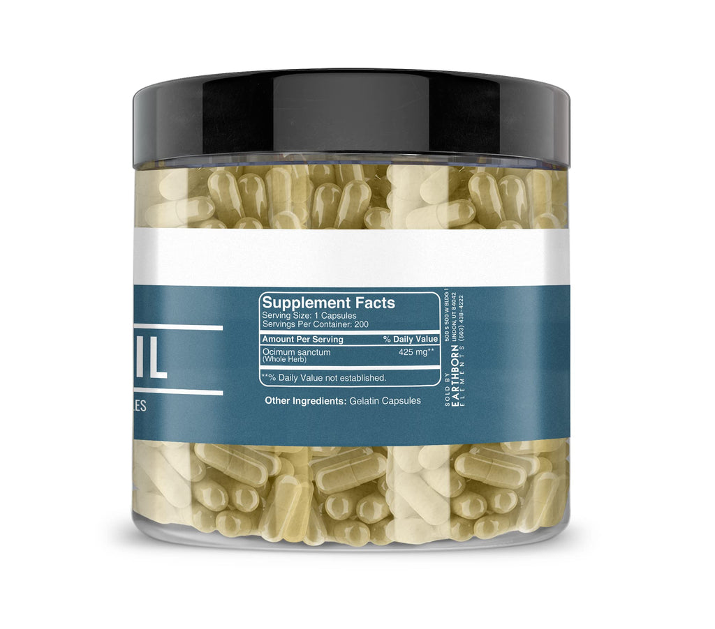 Earthborn Elements Holy Basil Capsules – 200 Count | Pure & Undiluted, No Additives