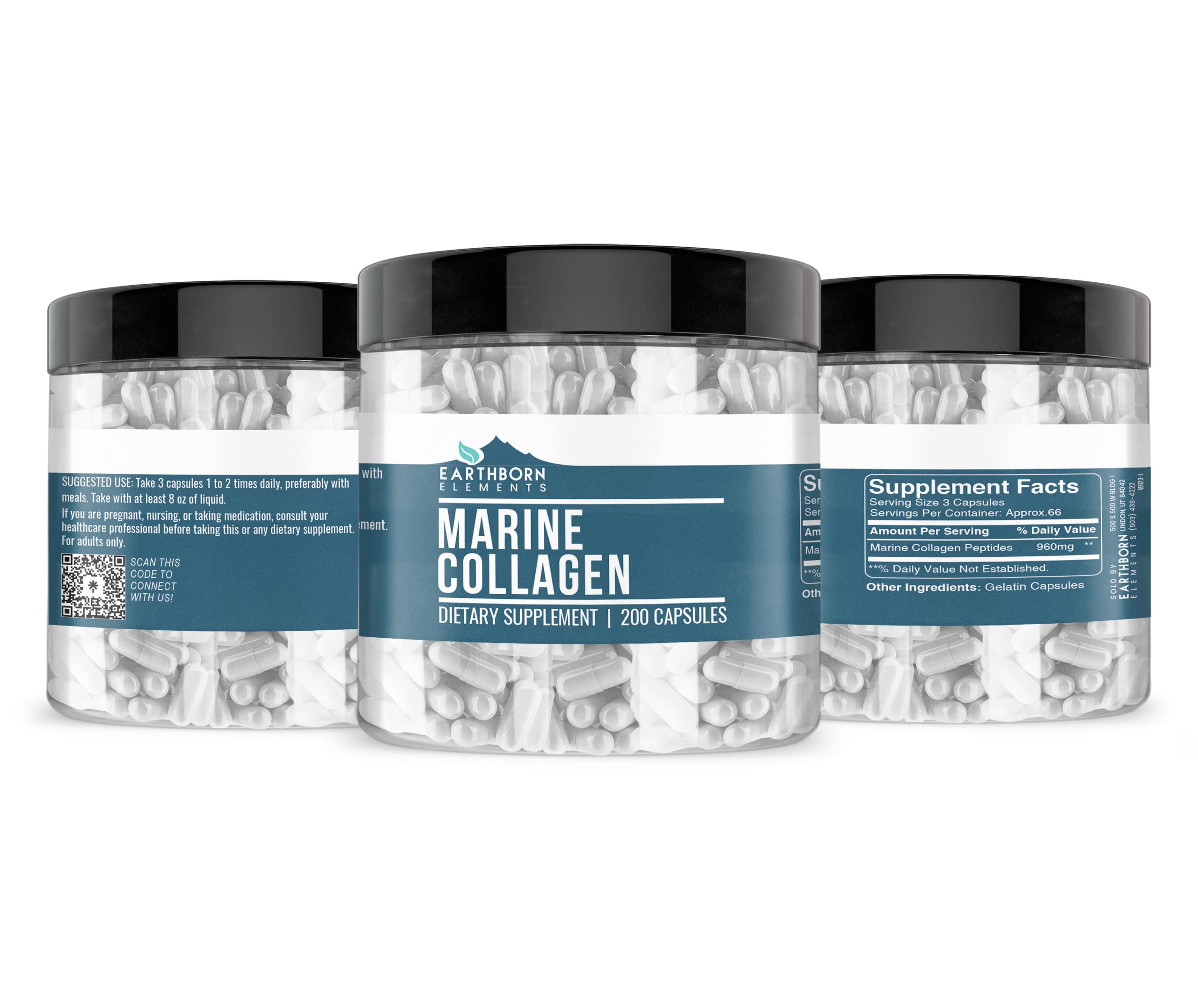 Earthborn Elements Collagen Peptides – Marine Hydrolyzed Fish Collagen, 200 Capsules (960 mg)