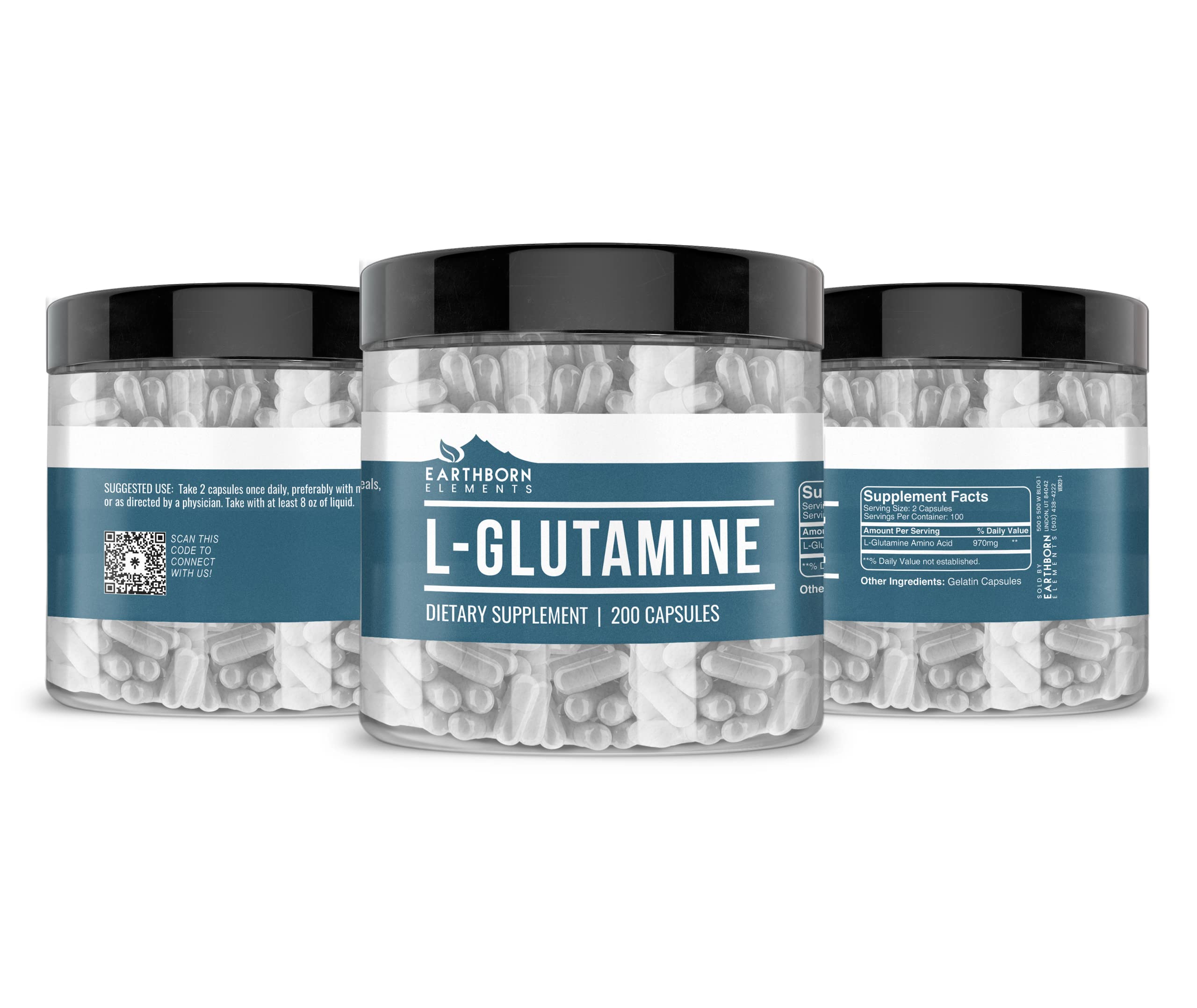 Earthborn Elements L-Glutamine 200 Capsules – Pure & Undiluted, No Additives