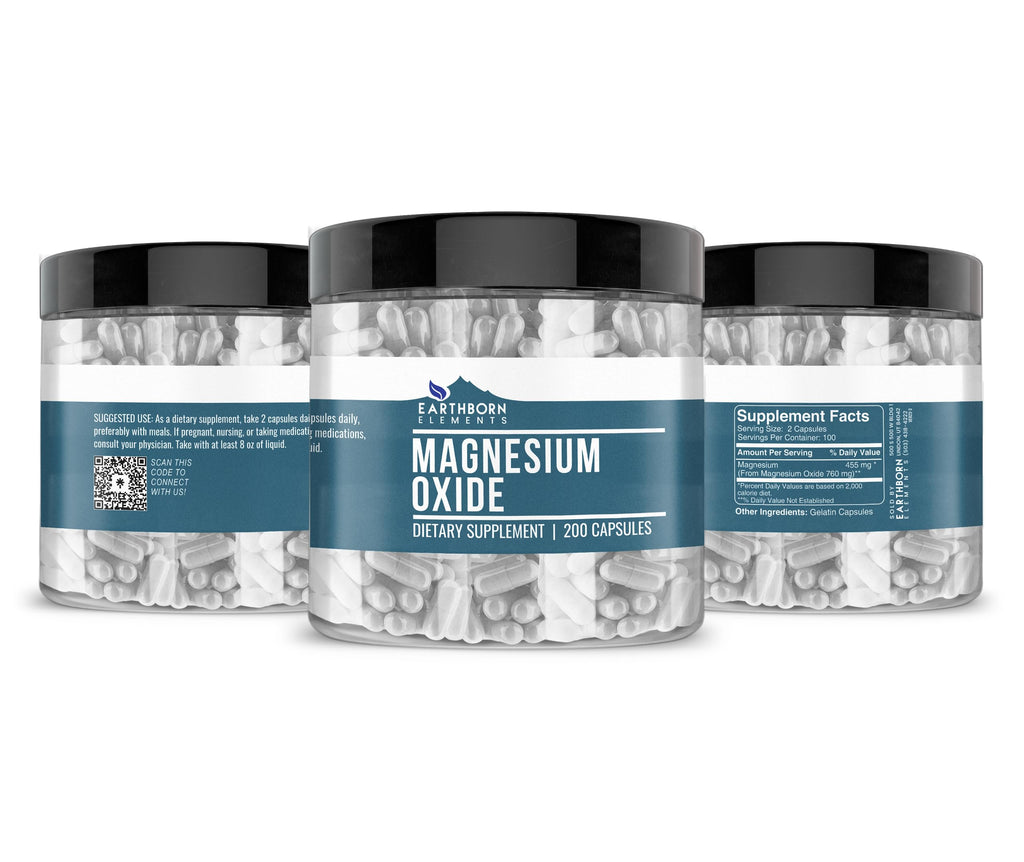 Earthborn Elements Magnesium Oxide – 200 Capsules, Pure & Undiluted, No Additives