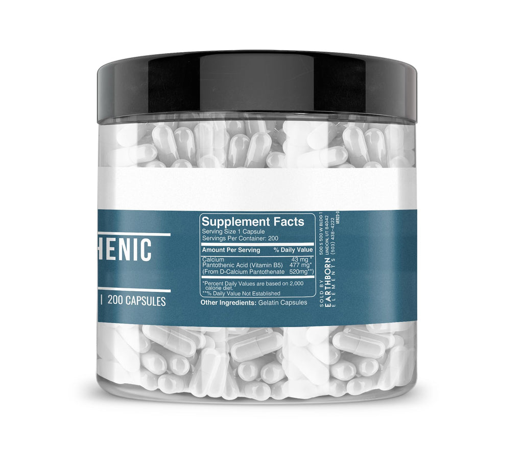 Earthborn Elements Pantothenic Acid 200 Capsules – Pure Vitamin B5, No Additives