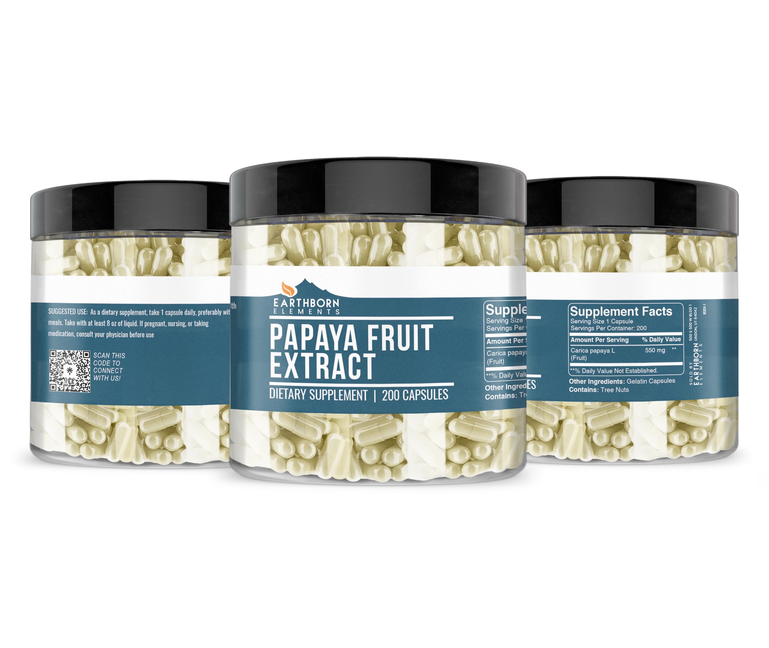 Earthborn Elements Papaya Fruit Extract 200 Capsules - Pure & Undiluted, No Additives