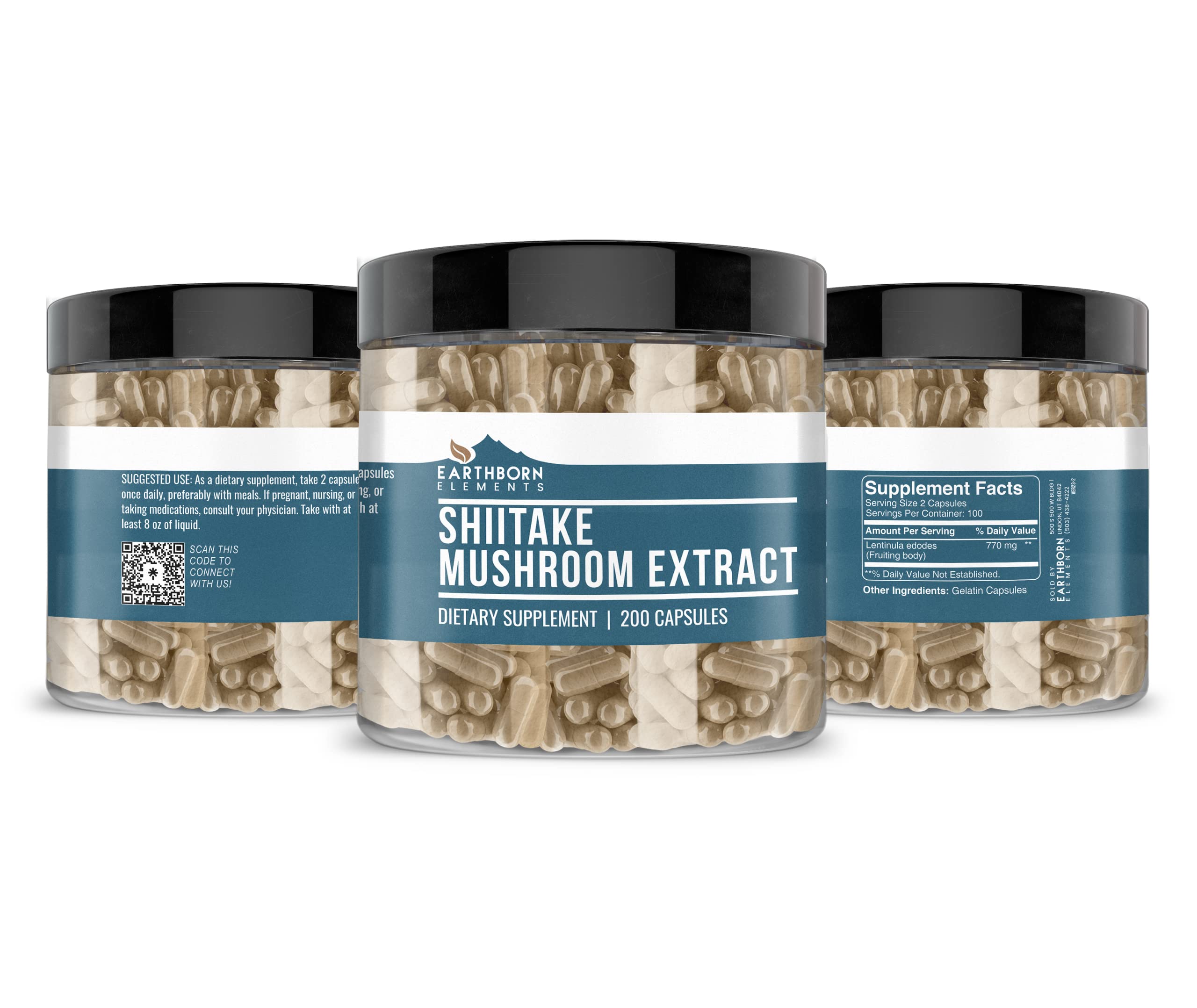 Earthborn Elements Shiitake Mushroom Extract - 200 Capsules | Pure & Undiluted