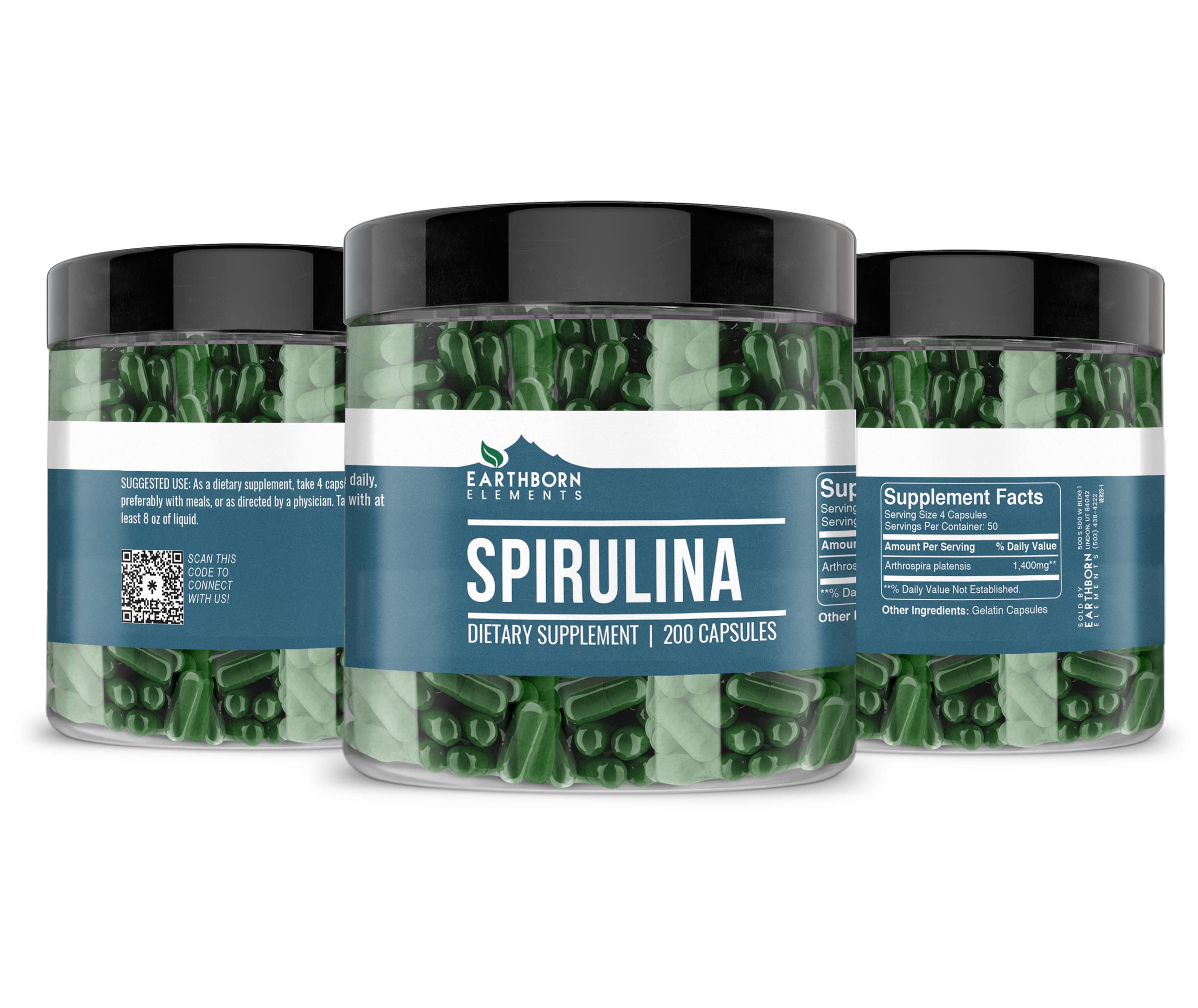 Earthborn Elements Spirulina 200 Capsules – Pure & Undiluted, No Additives | 50 Day Supply