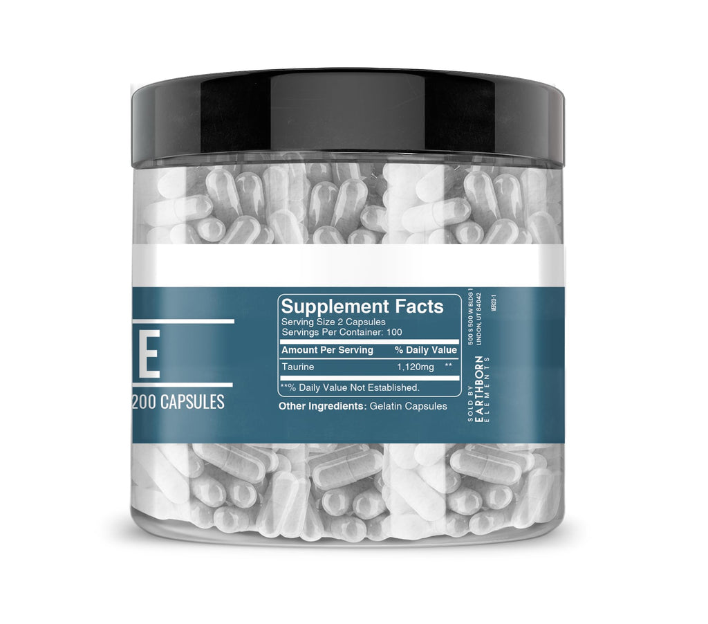 Earthborn Elements Taurine, 200 Capsules – Pure & Undiluted, No Additives