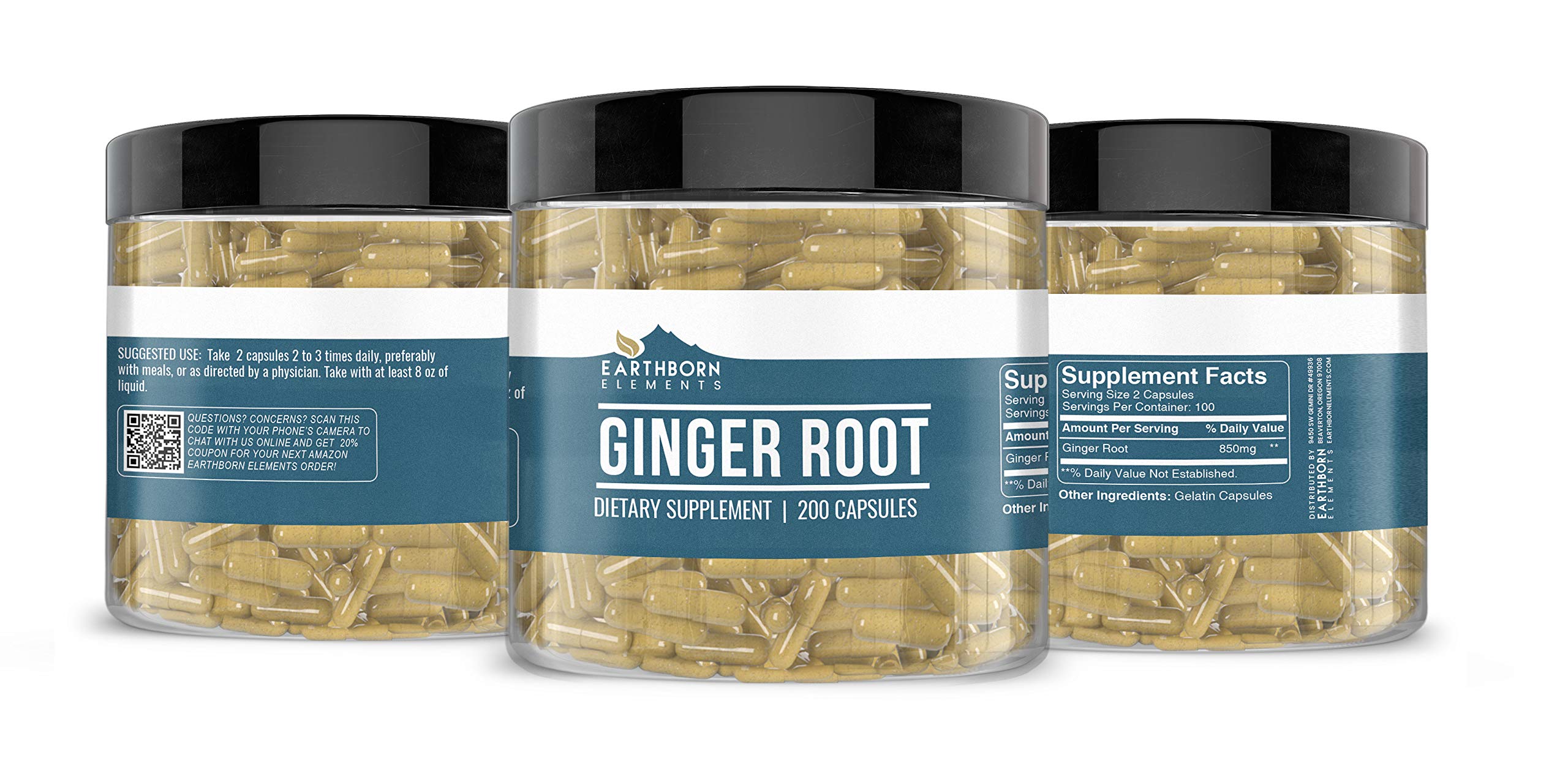 Earthborn Elements Ginger Root Capsules - 200, Pure & Undiluted, No Additives