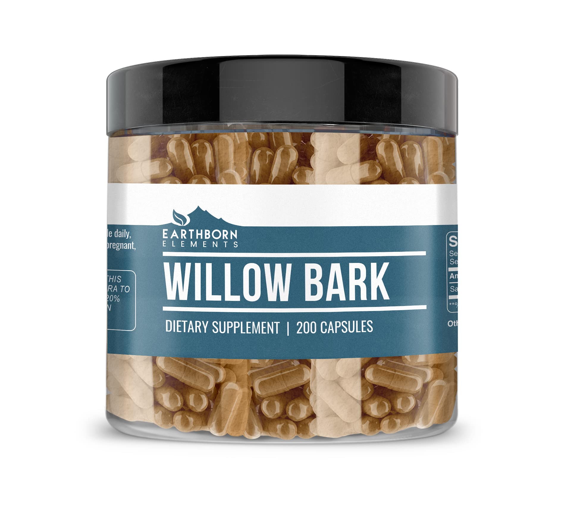Earthborn Elements Willow Bark Extract Capsules (200 Count) - Pure & Undiluted, No Additives