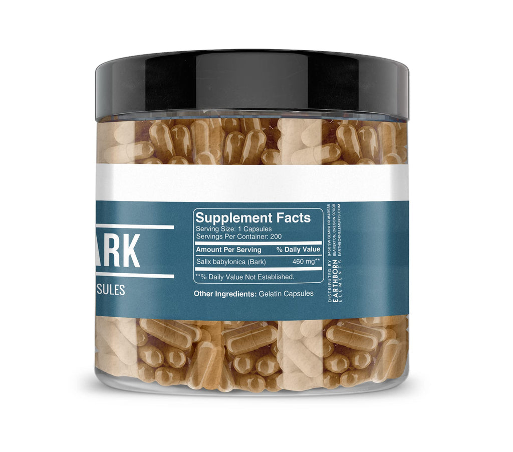 Earthborn Elements Willow Bark Extract Capsules (200 Count) - Pure & Undiluted, No Additives