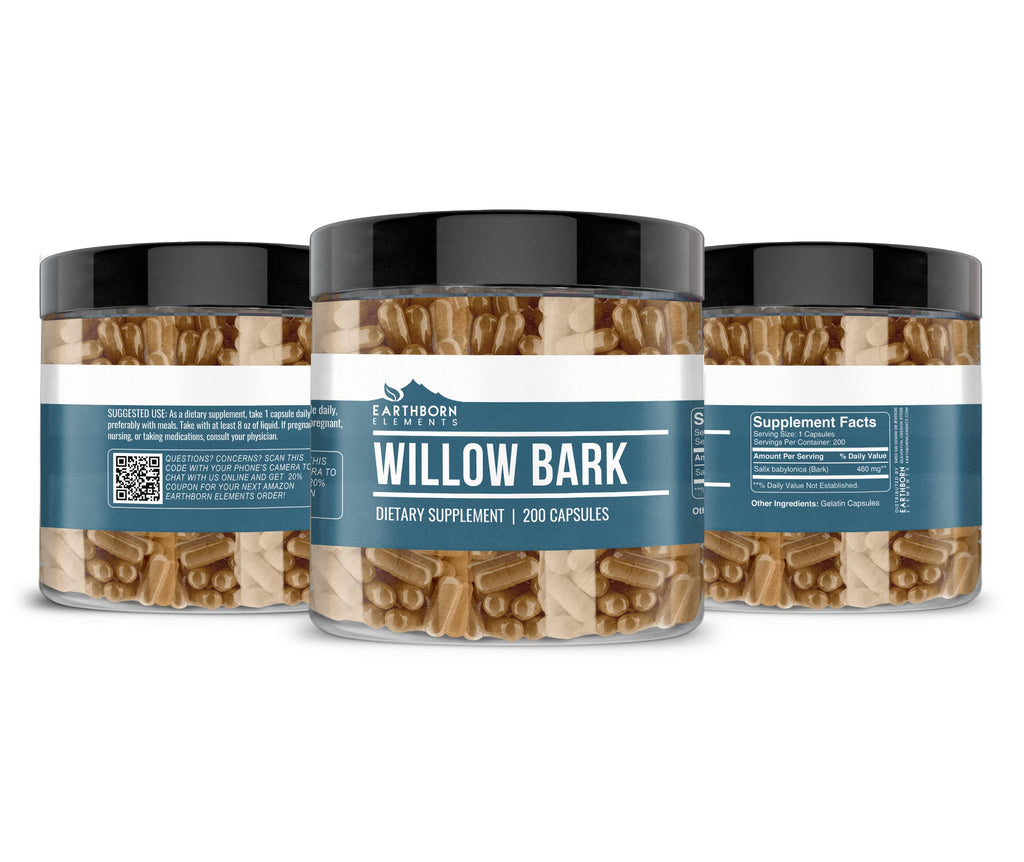 Earthborn Elements Willow Bark Extract Capsules (200 Count) - Pure & Undiluted, No Additives