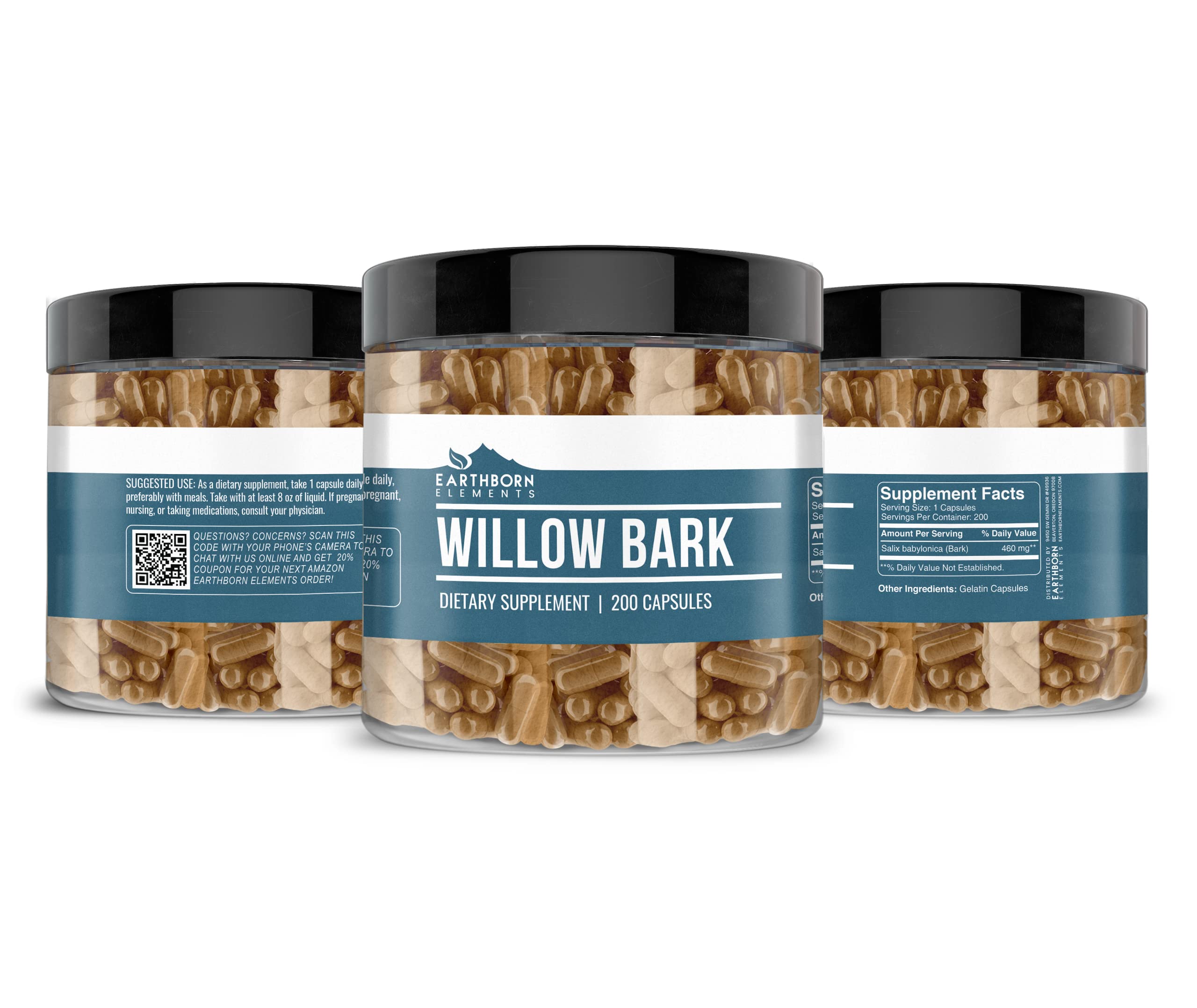 Earthborn Elements Willow Bark Extract Capsules (200 Count) - Pure & Undiluted, No Additives
