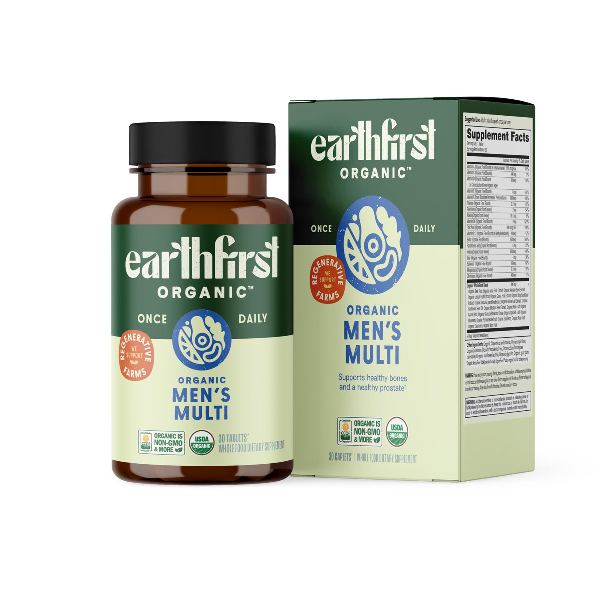 EarthFirst Organic Men's Multivitamin - Whole-Food, Once Daily, 19 Vitamins - 30 Count