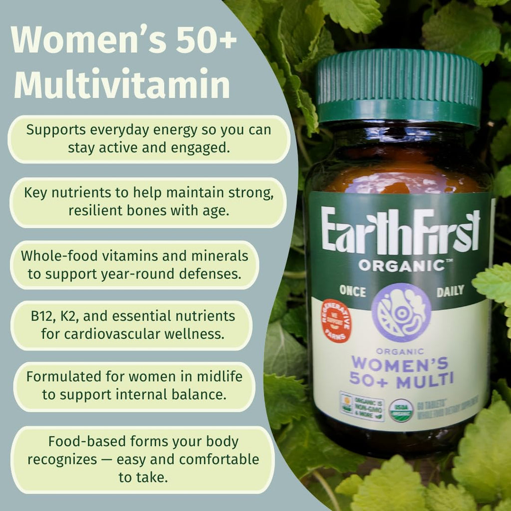 EarthFirst Organic Once Daily Multivitamin for Women 50+ - Bone, Energy & Heart Health (60 Count)