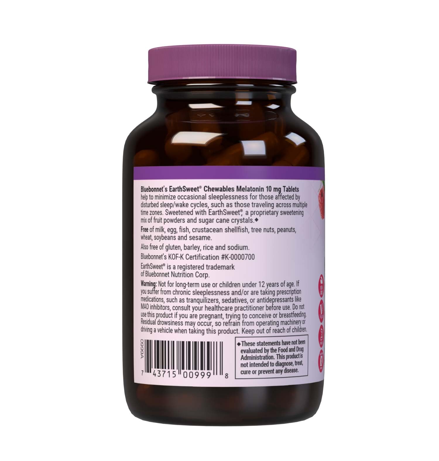 BlueBonnet EarthSweet Melatonin 10 mg - Fast-Acting Nighttime Sleep Support | Gluten-Free & Vegan | Raspberry Flavor | 120 Chewable Tablets