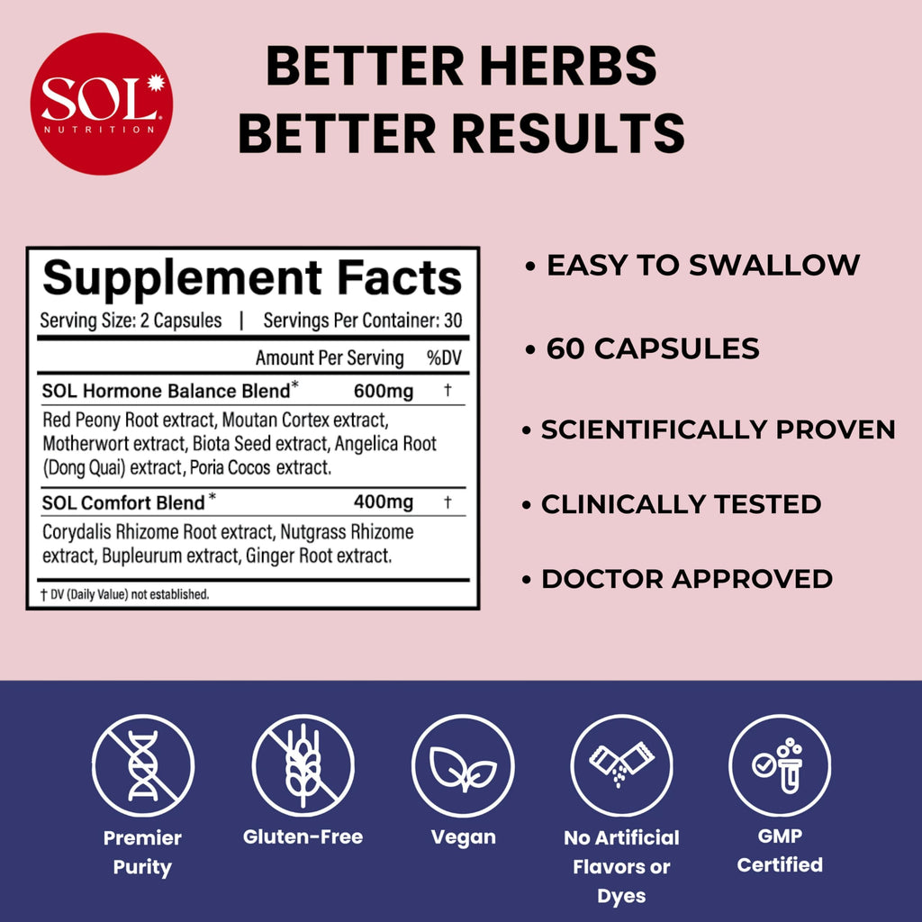 Sol Nutrition Ease The Flow - PMS Support, Menstrual Relief, PMDD & Period Relief (60 Capsules)