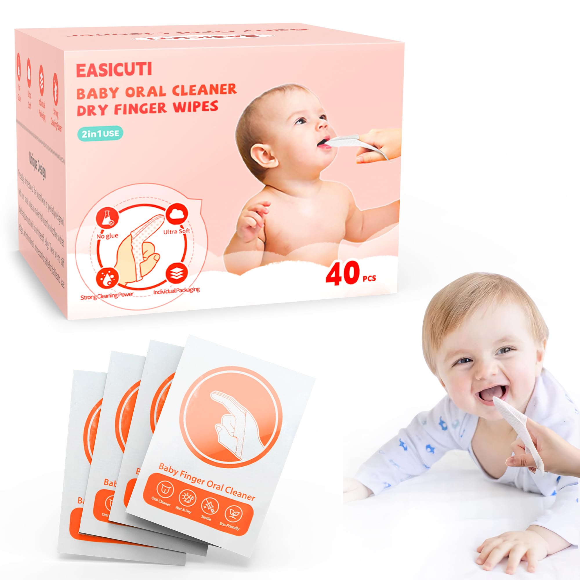 EASICUTI 40Pcs Baby Finger Toothbrush & Dry Wipes – Newborn Oral Care (0-36 Months)