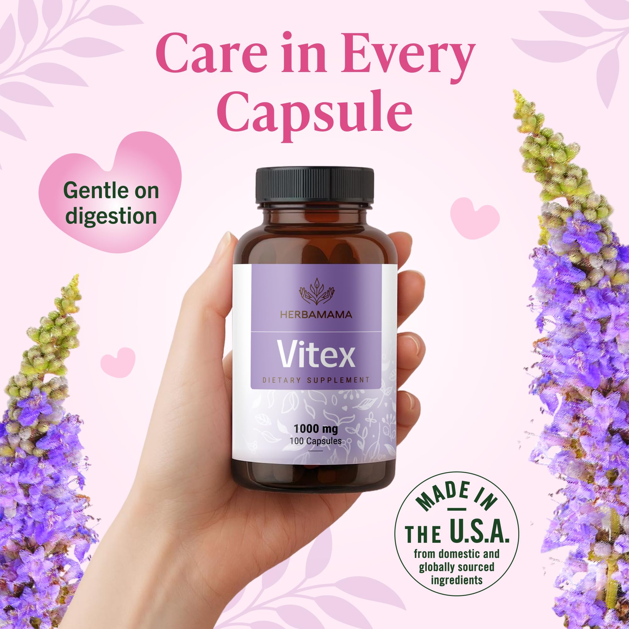 HERBAMAMA Vitex Berry Capsules – 1000mg Vitex Chasteberry for Menopause Support* – Vegan, Non-GMO – 50-Day Supply