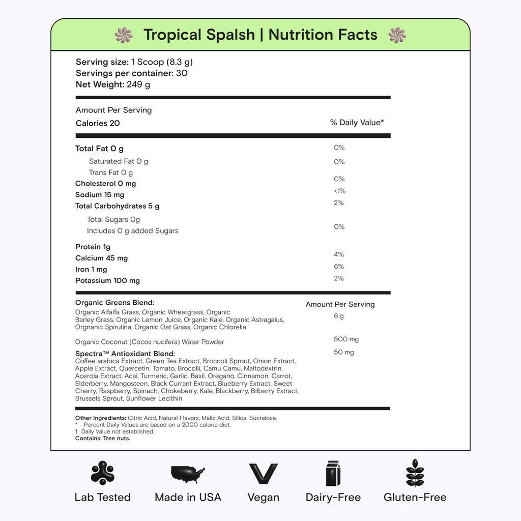 Kiala Nutrition Super Greens — Organic Greens Powder with Spectra Blend, Tropical Splash, 30 Servings