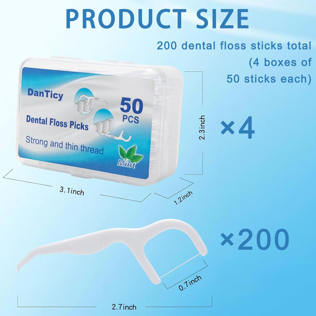 Extra Strong Dental Floss Picks | 50 Count x 4 Pack | Easy Grip Flosser for Adults | Fresh Mint