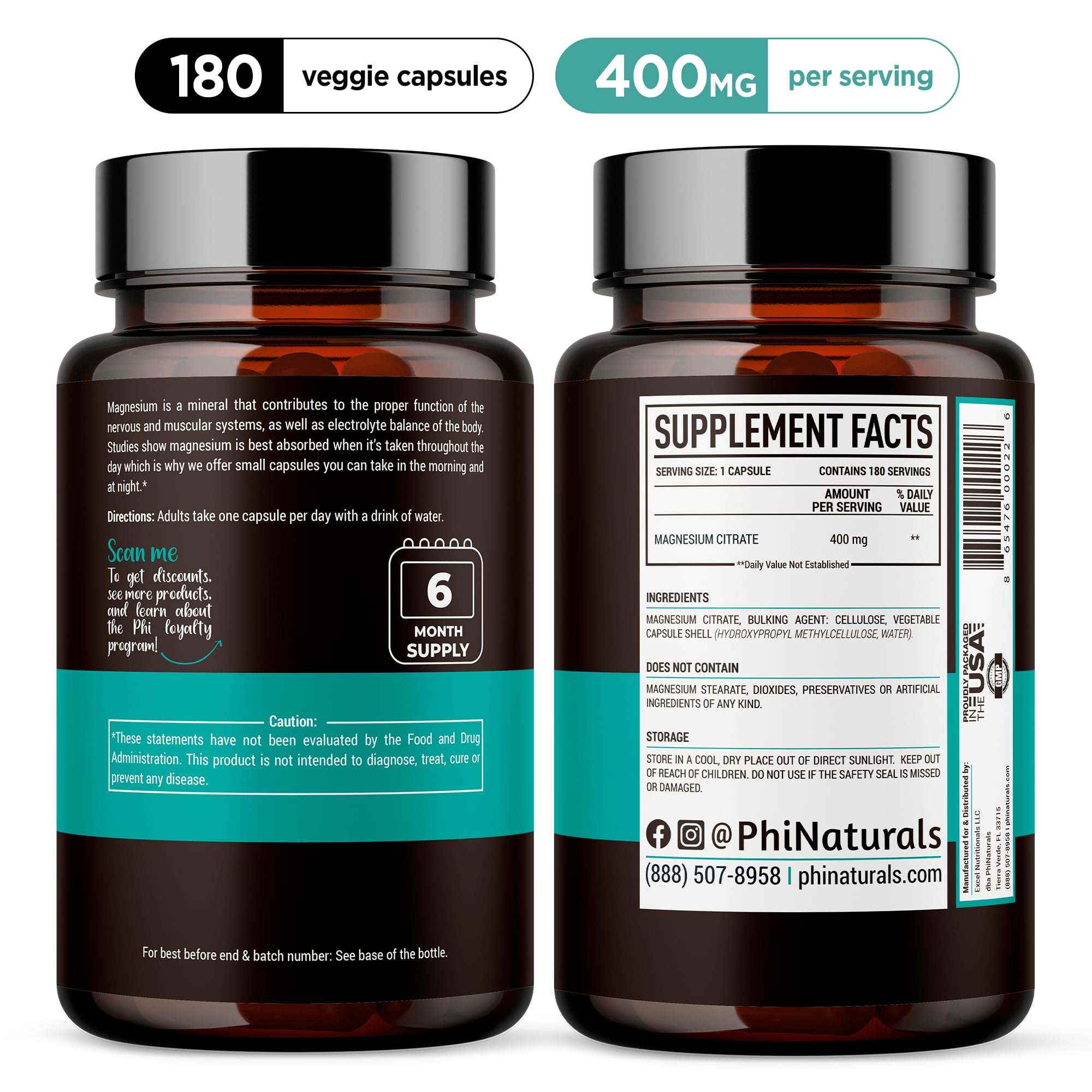 Magnesium Citrate Capsules 400 mg – 180 Veg Caps – Nervous System Support and Enzyme Function | PhiNaturals