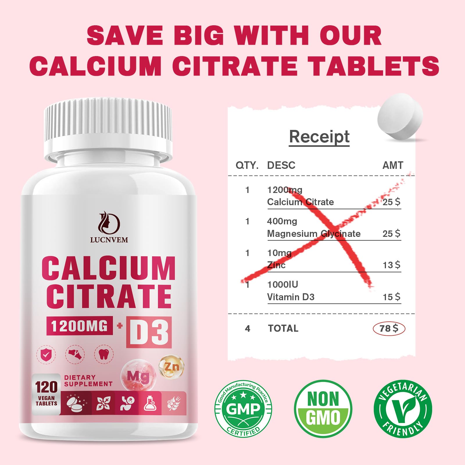 Calcium Citrate 1200 mg with Vitamin D3 | 120 Count Vegan Supplement for Bone & Teeth Health