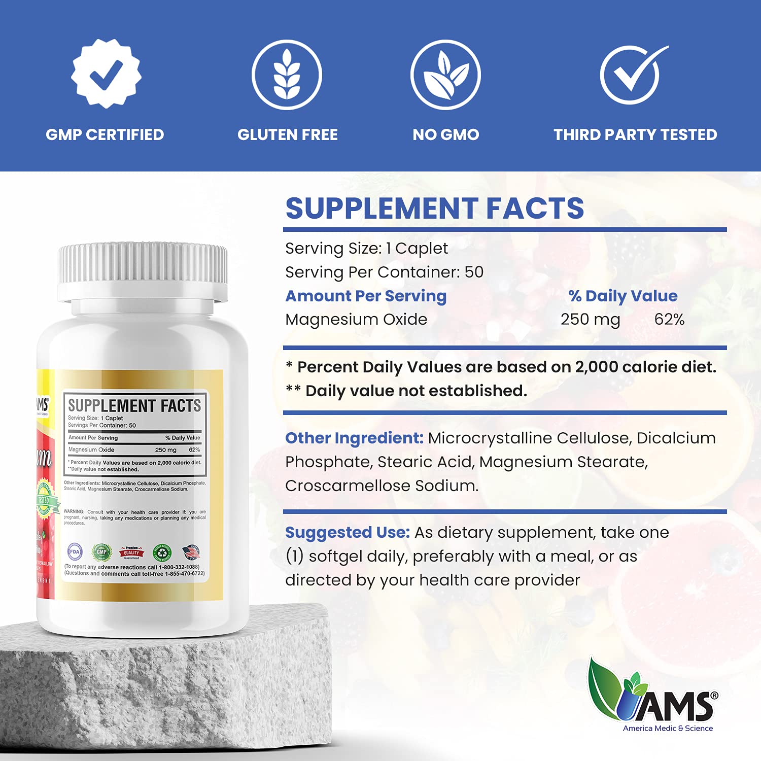 America Medic & Science Magnesium 250 mg (150 Caplets) – 3 Bottles | Magnesium Oxide Supplement